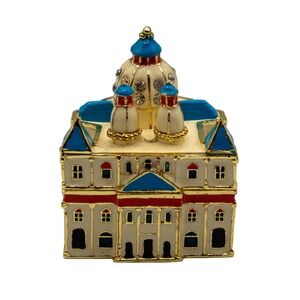 Work of Art Enameled Cathedral Trinket Box Gold Tone Crystal Jeweled Hinged Case